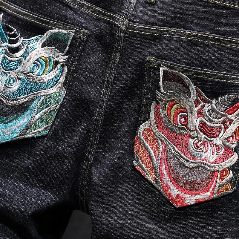 Lion Dance Embroidery Black Jeans Men Slim Fit