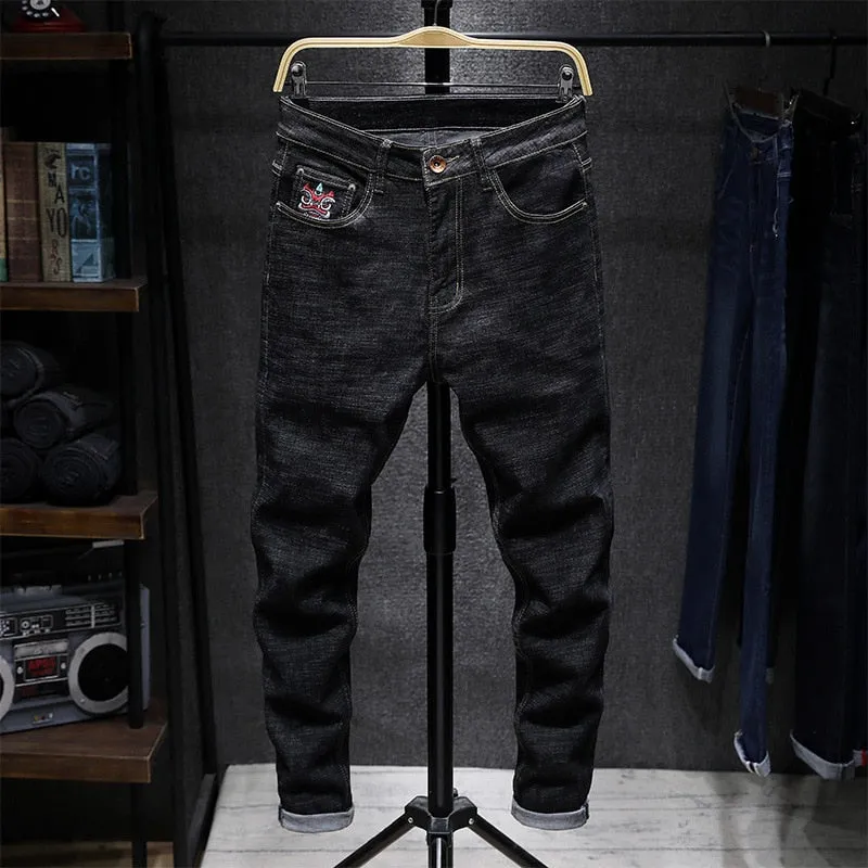 Lion Dance Embroidery Black Jeans Men Slim Fit