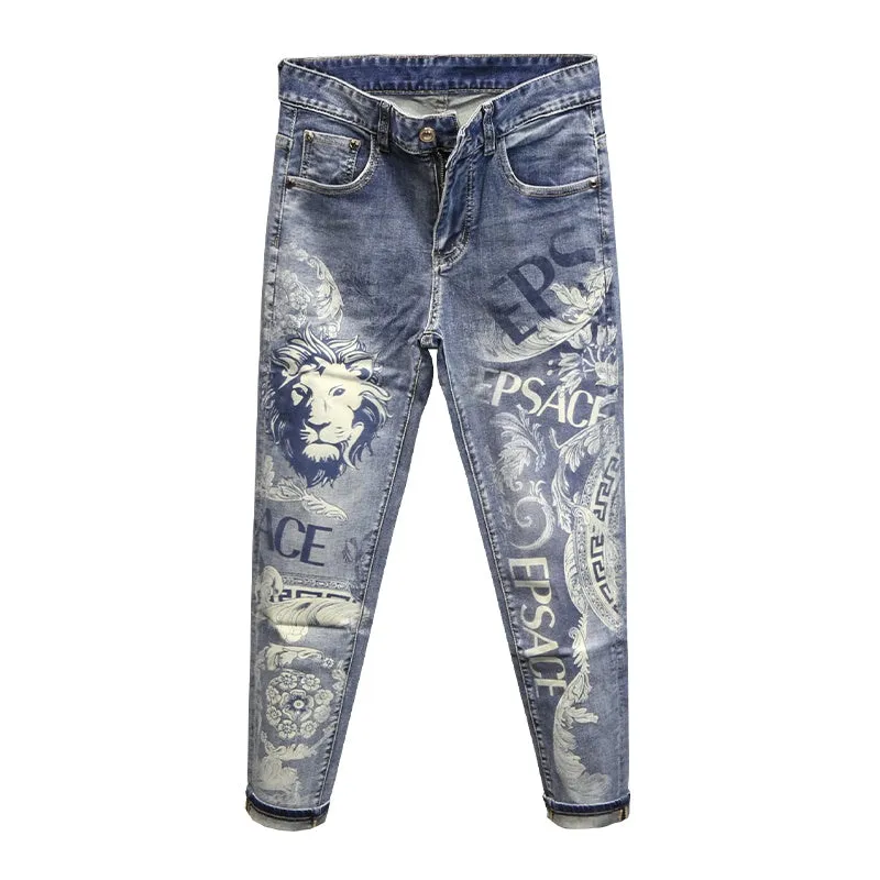 Lion Print Men's Jeans Summer New Slim Fit