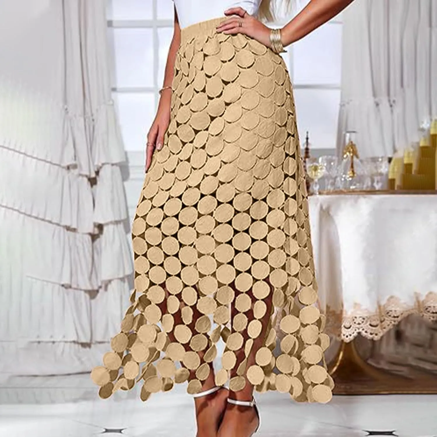 Lmdudan Womens Hollow Out Maxi Skirts 2025 Summer Elastic High Waisted Boho Fringe Hem Long Skirt Trendy Vacation Skirts