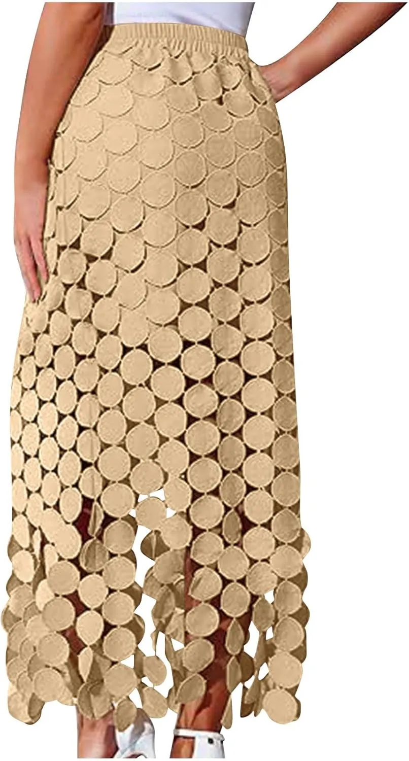 Lmdudan Womens Hollow Out Maxi Skirts 2025 Summer Elastic High Waisted Boho Fringe Hem Long Skirt Trendy Vacation Skirts
