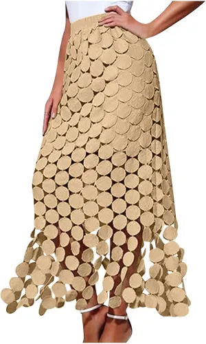 Lmdudan Womens Hollow Out Maxi Skirts 2025 Summer Elastic High Waisted Boho Fringe Hem Long Skirt Trendy Vacation Skirts