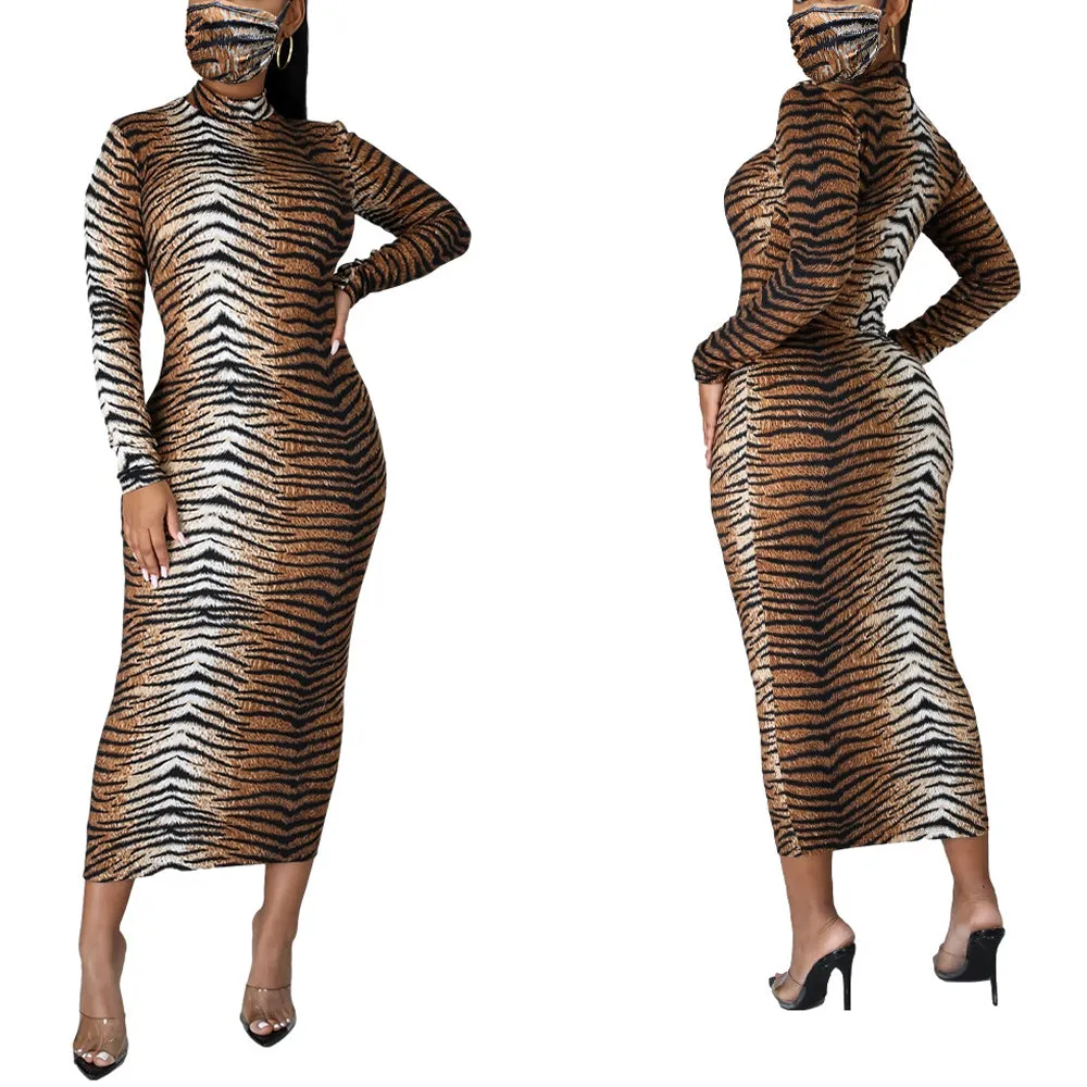 Long Sleeve Bodycon Sexy Dress Women Mock Neck Autumn Streetwear Party Dresses Outfits
