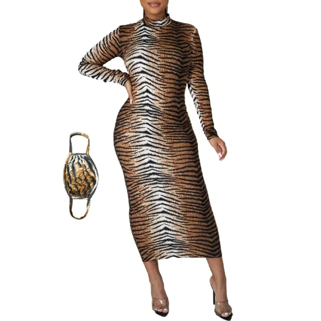 Long Sleeve Bodycon Sexy Dress Women Mock Neck Autumn Streetwear Party Dresses Outfits