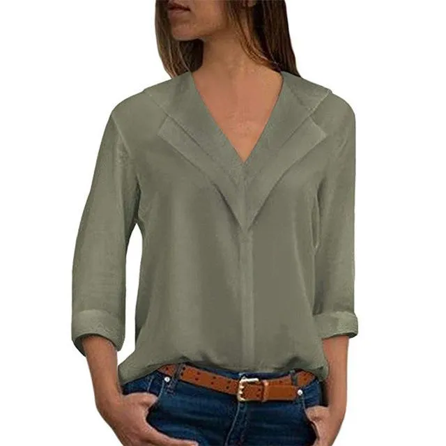 Long Sleeve Double V neck Blouse