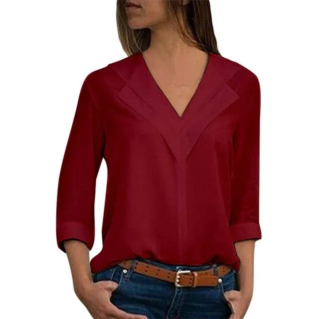 Long Sleeve Double V neck Blouse