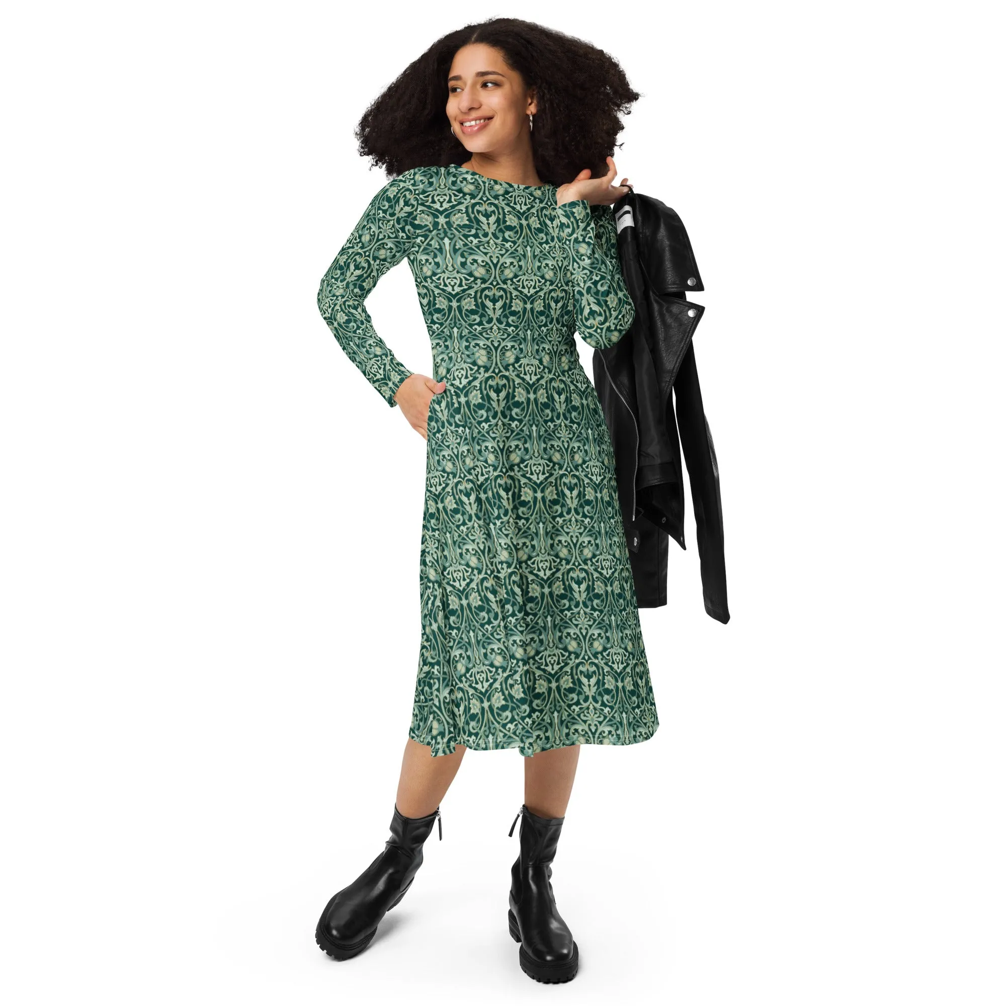Long Sleeve Midi Dress Patterns Floral (Glamourange Women Long Sleeve Midi Dresses Patterns - 005)
