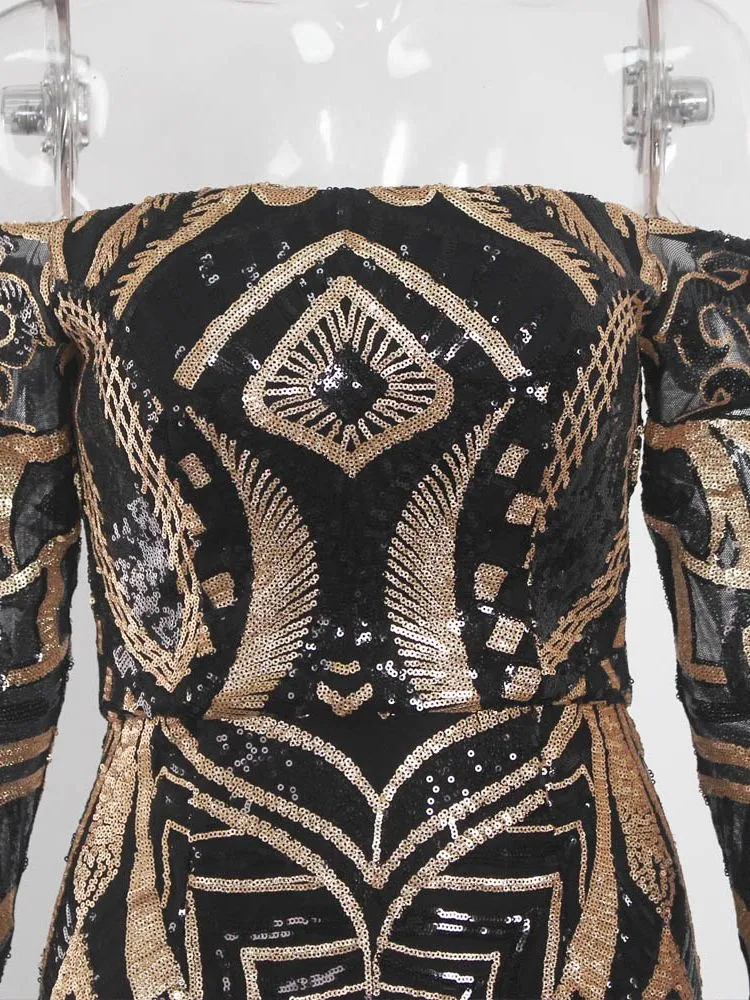 Long Sleeve Sequin Maxi Formal Prom Dress