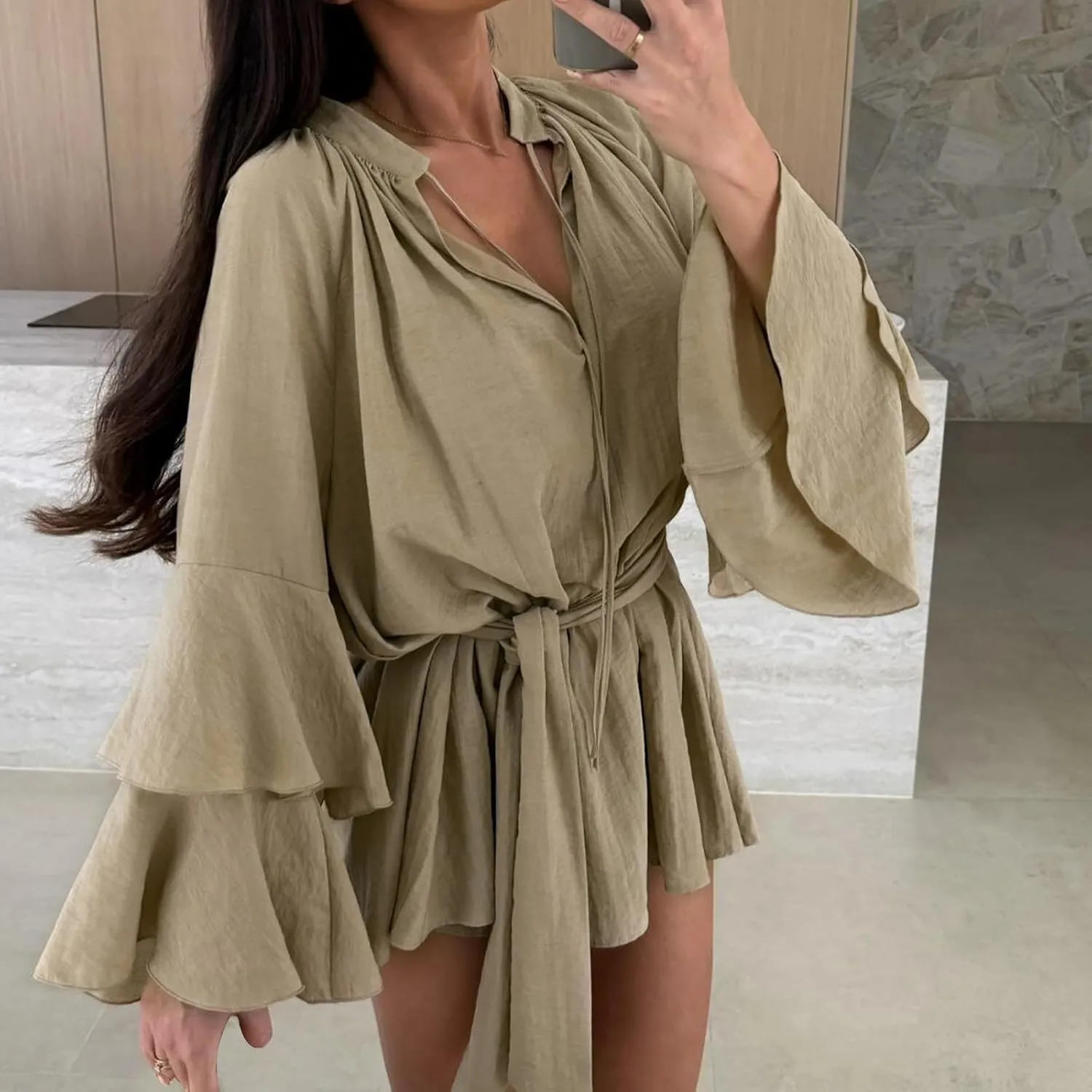 Long Sleeve Short Dresses for Women,V Neck Casual Dress Loose Fit Summer Dresses Flowy Mini Dress
