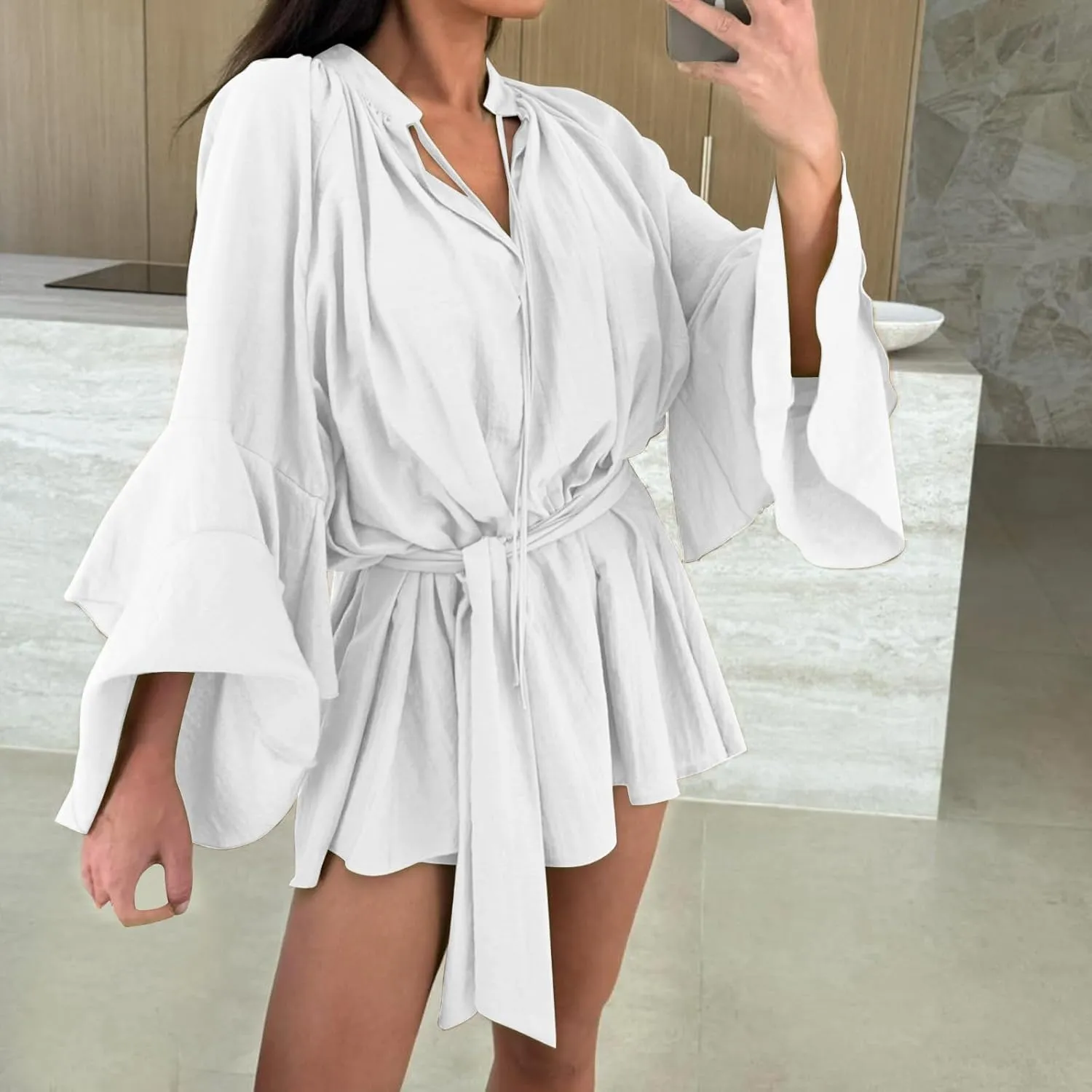 Long Sleeve Short Dresses for Women,V Neck Casual Dress Loose Fit Summer Dresses Flowy Mini Dress