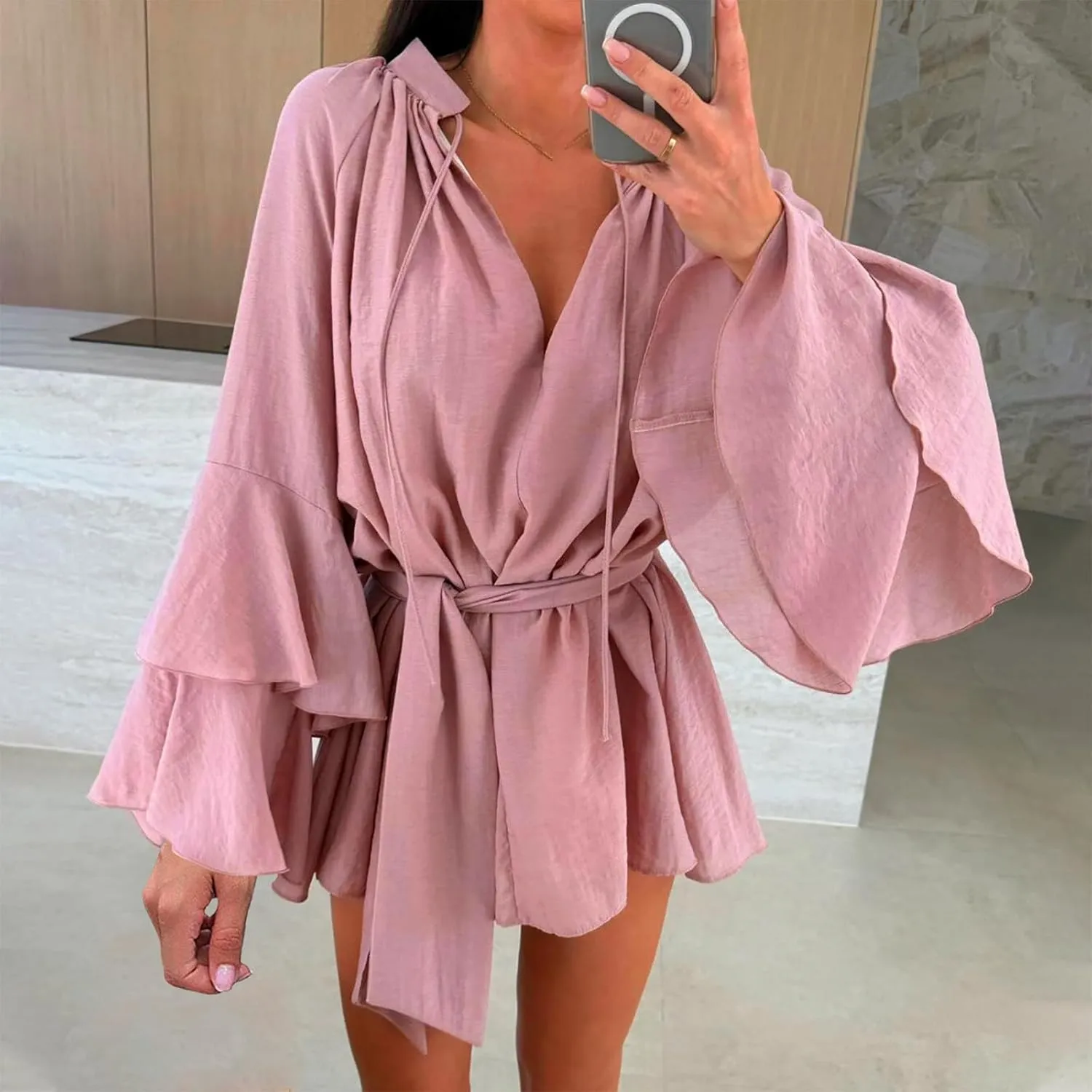 Long Sleeve Short Dresses for Women,V Neck Casual Dress Loose Fit Summer Dresses Flowy Mini Dress