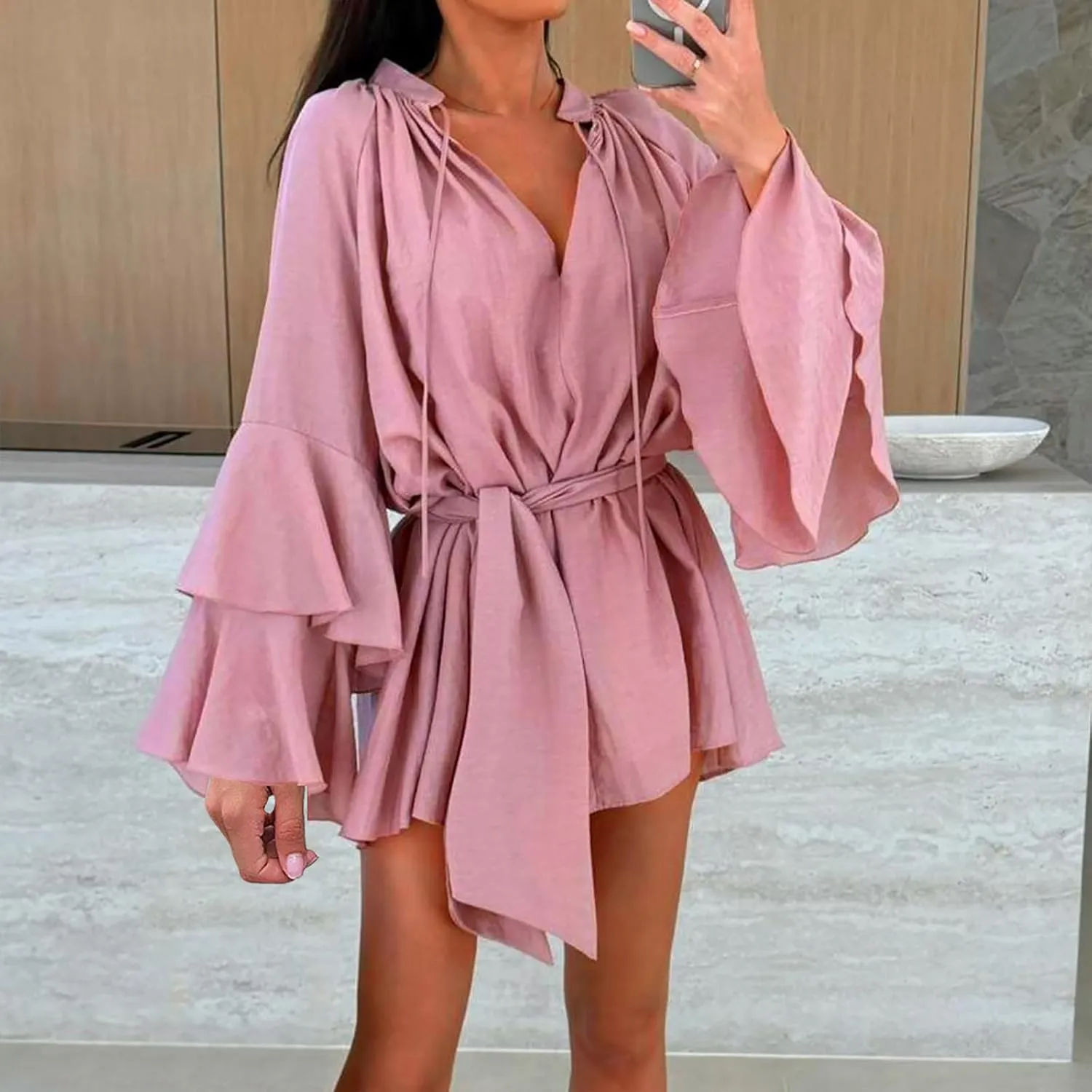 Long Sleeve Short Dresses for Women,V Neck Casual Dress Loose Fit Summer Dresses Flowy Mini Dress