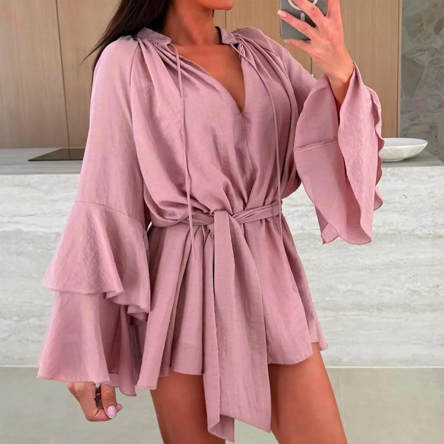 Long Sleeve Short Dresses for Women,V Neck Casual Dress Loose Fit Summer Dresses Flowy Mini Dress