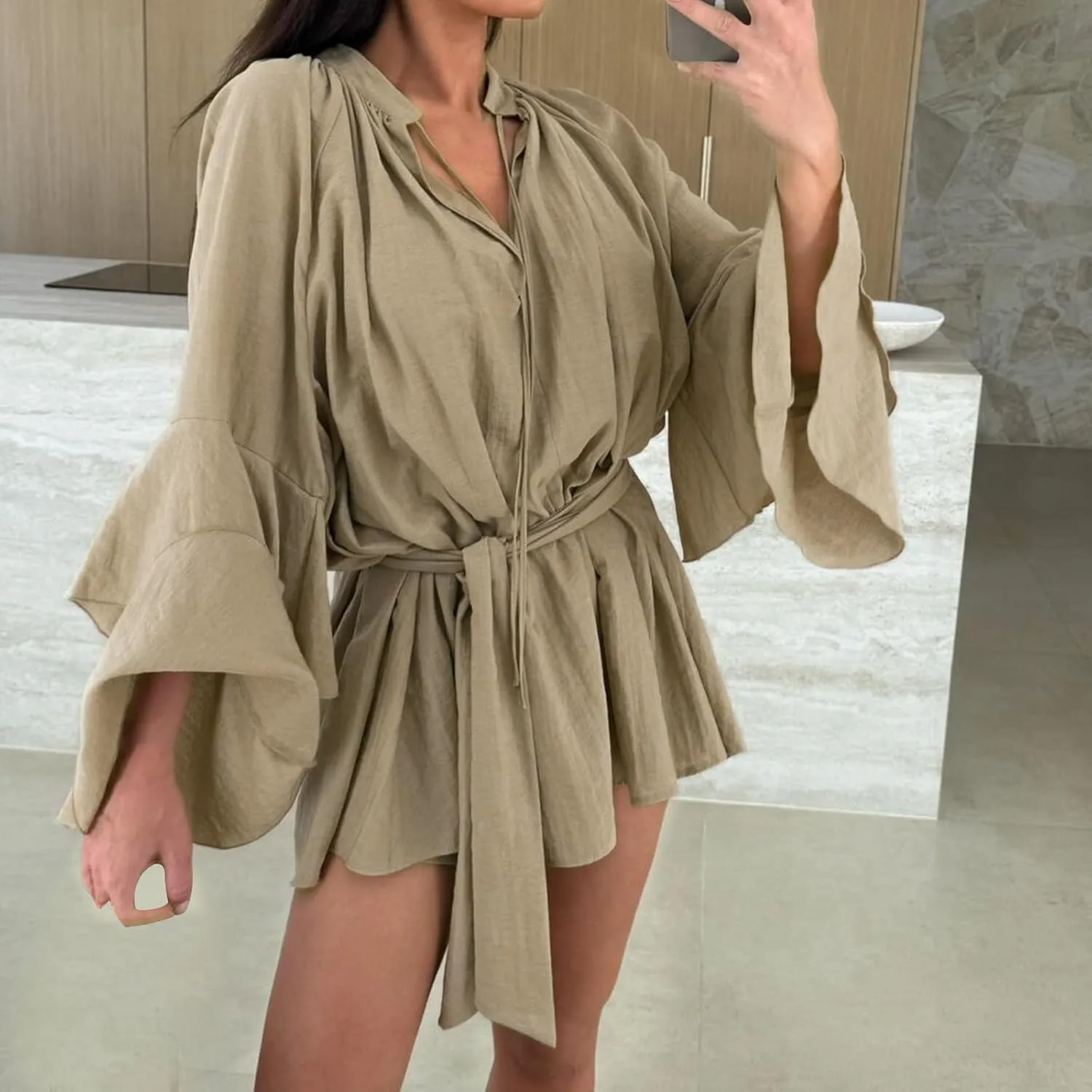 Long Sleeve Short Dresses for Women,V Neck Casual Dress Loose Fit Summer Dresses Flowy Mini Dress