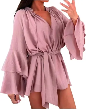 Long Sleeve Short Dresses for Women,V Neck Casual Dress Loose Fit Summer Dresses Flowy Mini Dress
