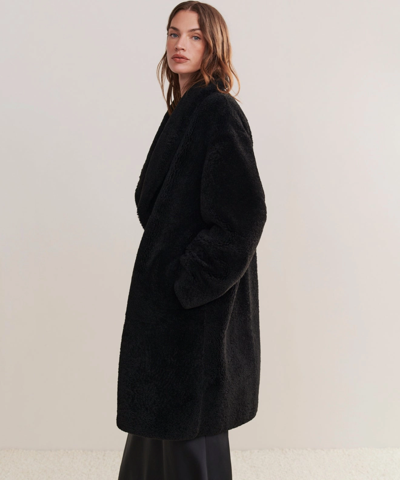 Zip Pockets Long Shearling Yves Shawl Coat