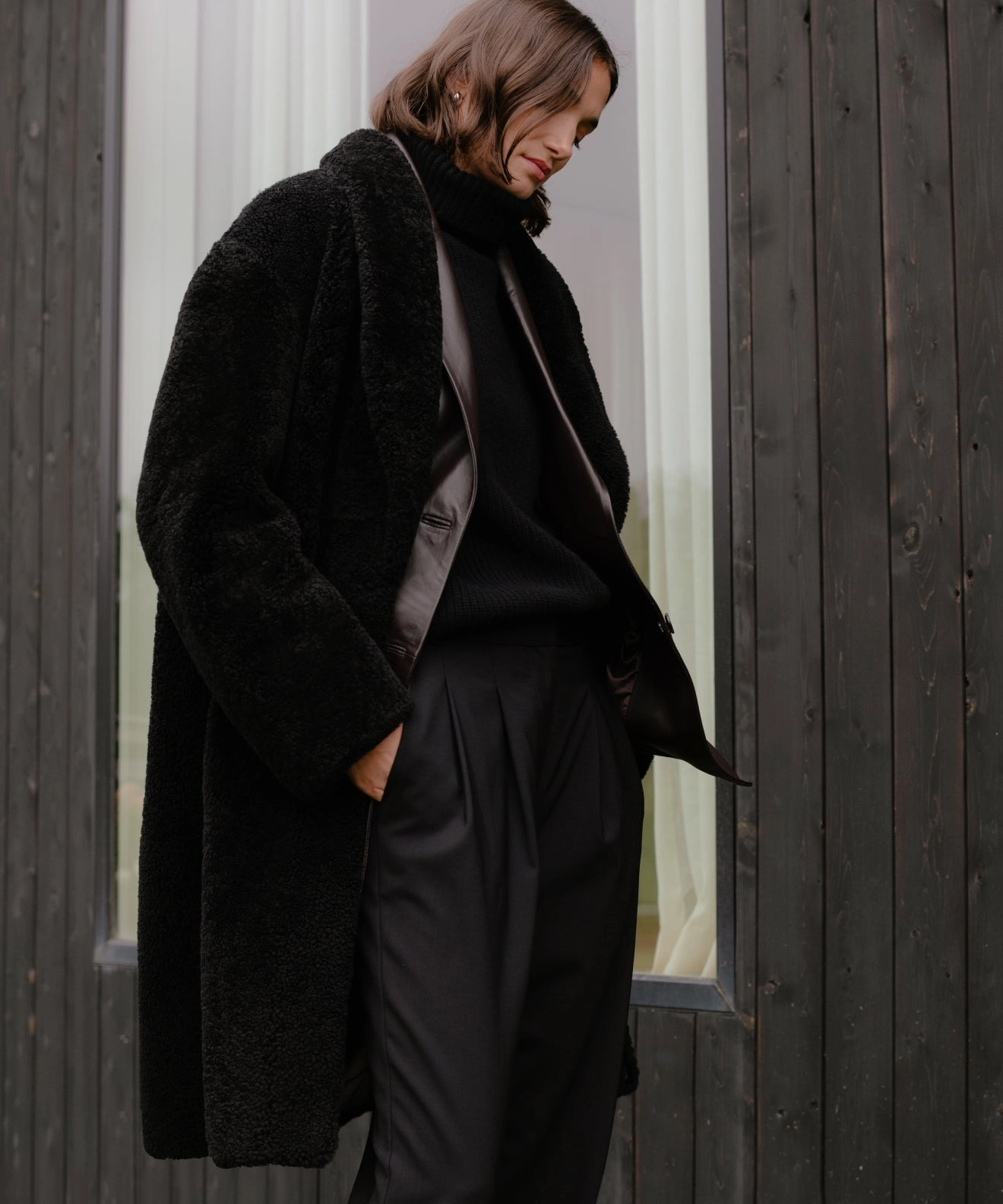Winter Fit Long Shearling Yves Shawl Coat
