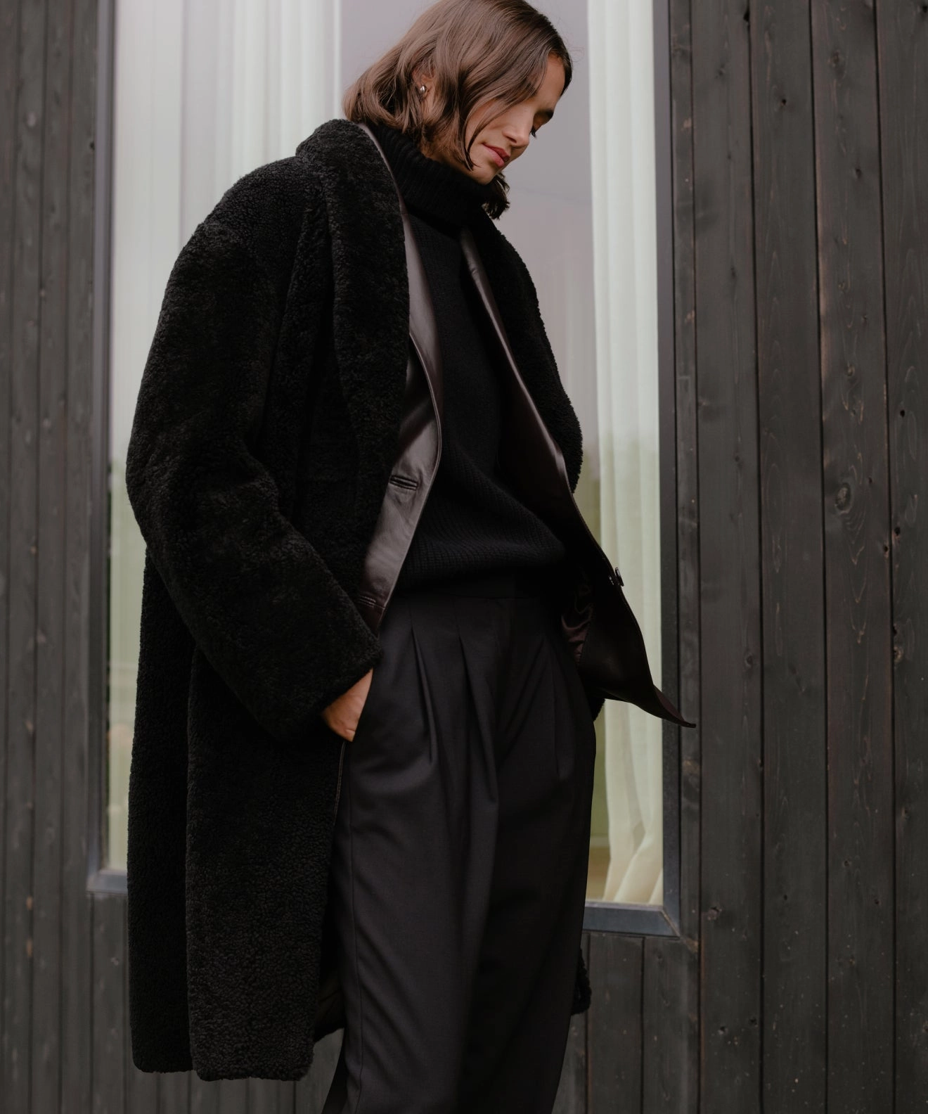 Water Repellent Coating Long Shearling Yves Shawl Coat