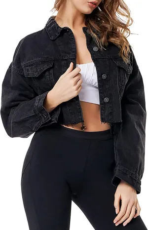 LONGYIDA Denim Jackets for Women Button Down Cropped Frayed Jean Jacket Long Sleeve Distressed Ripped Denim Jacket Coat