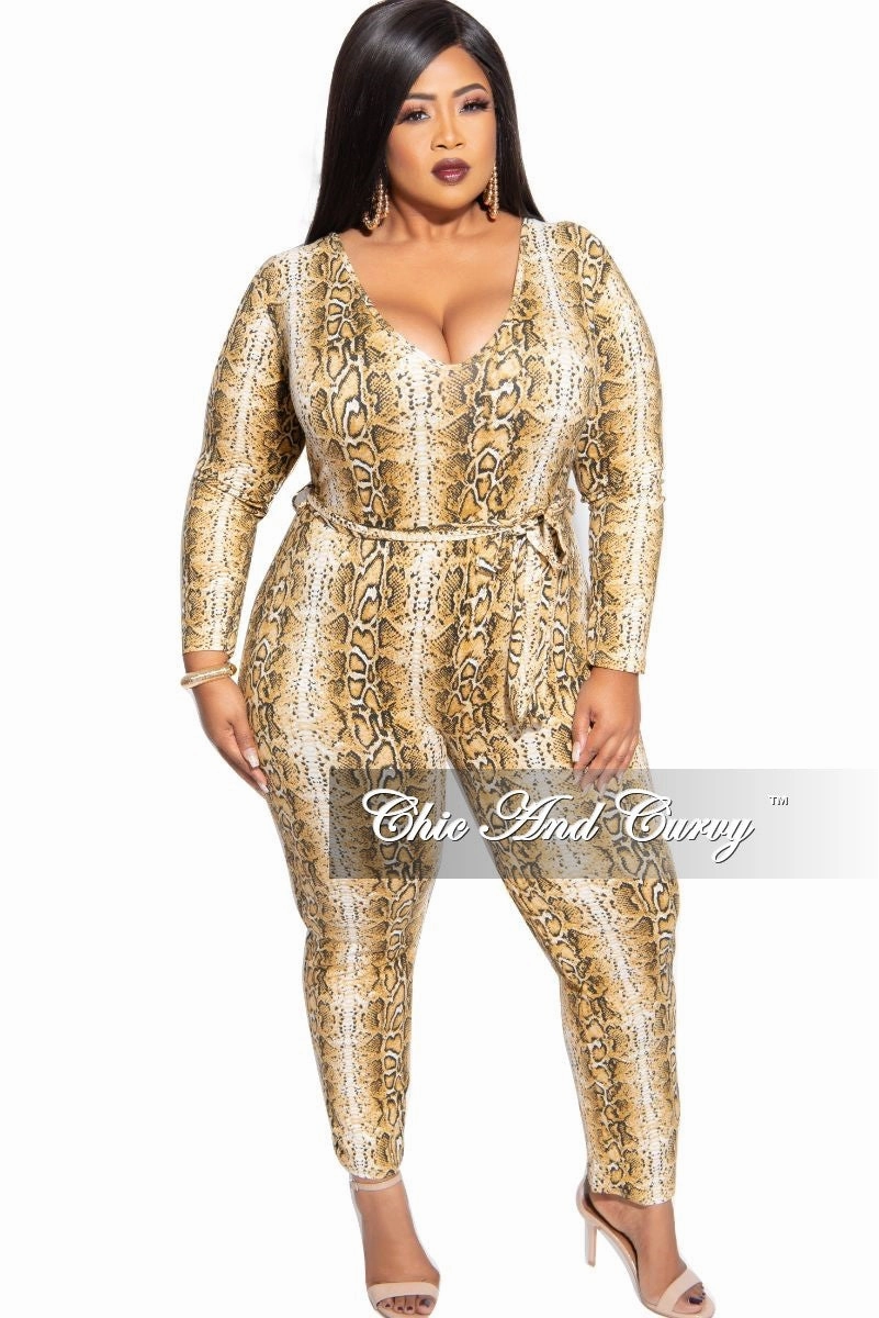 Final Sale Plus Size Tie Jumpsuit in Brown Snake Skin Print Breathable Material