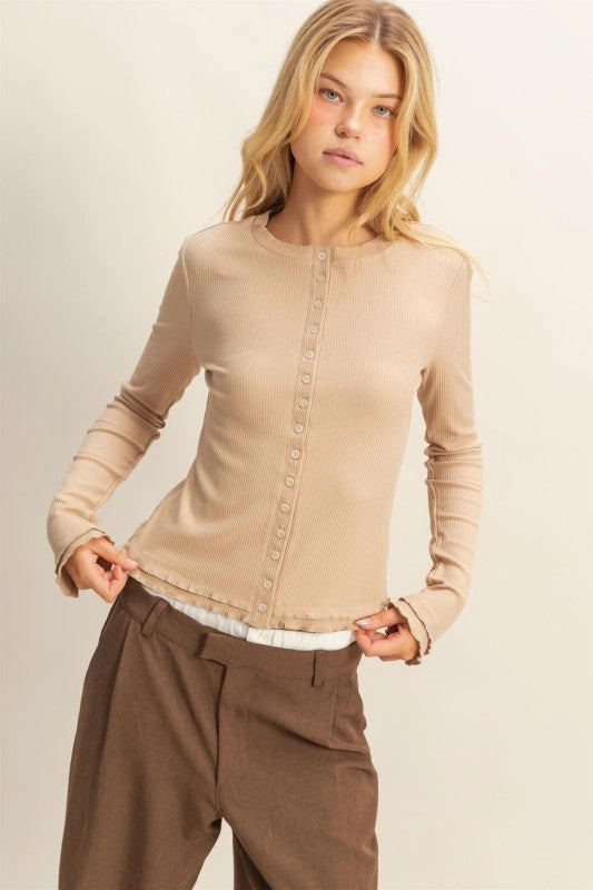 MultiFunctionalDesign Sustainable Fabric Blend Lorelei Long Sleeve Ribbed Button Down Fashion Knit Top