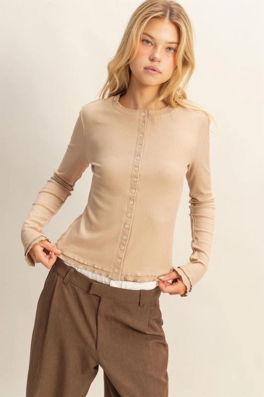 Lorelei Long Sleeve Ribbed Button Down Fashion Knit Top OdorResistant Coating