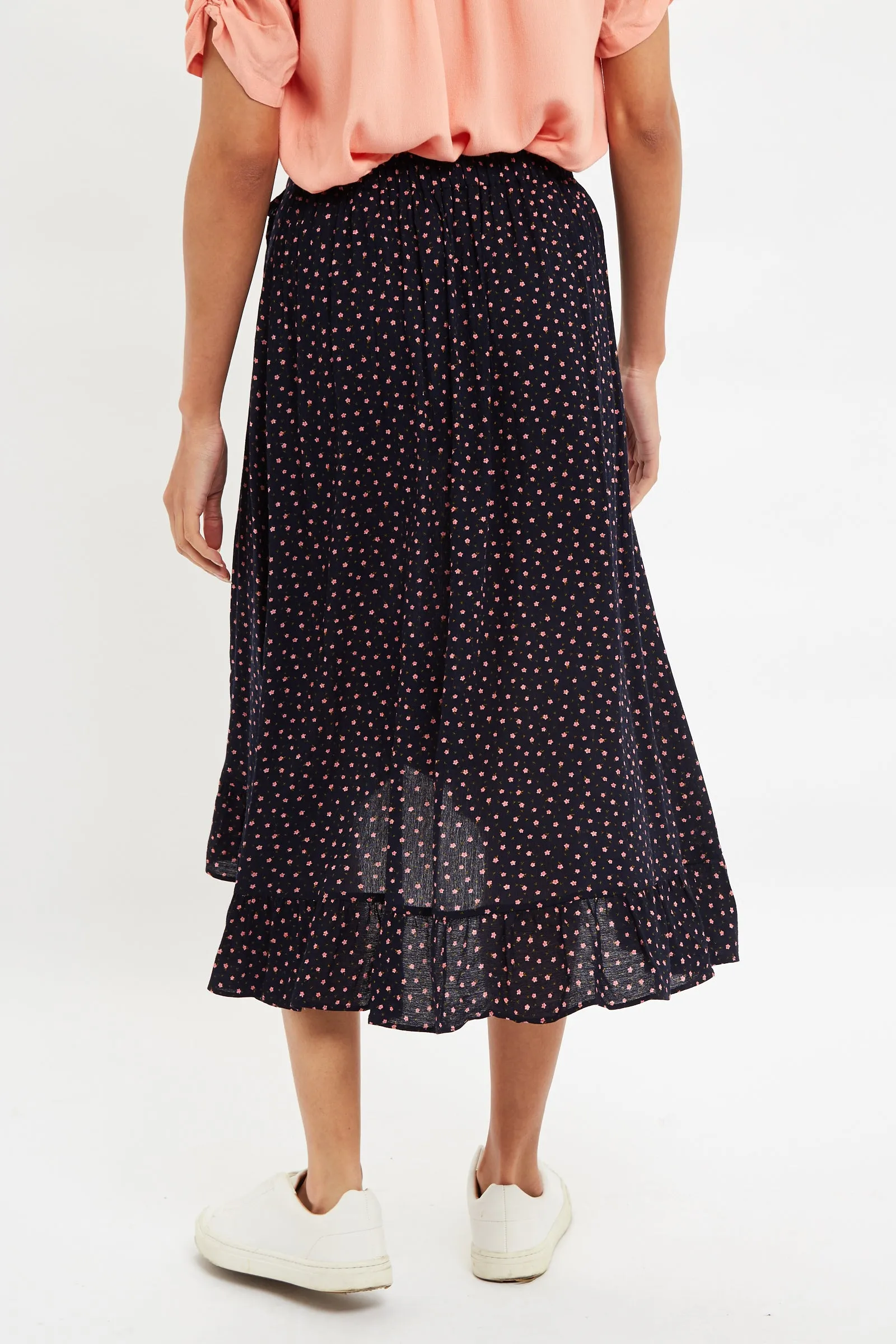 Louche Mara Teeny Flower Bud Print Ruffle Hem Wrap Midi Skirt