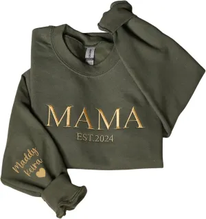 Love Signal Personalized Embroidered Mama EST Sweatshirt, Custom Embroidered Sweatshirt for Mom Tee S-4X