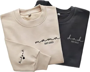 Love Signal Personalized Embroidered Mama EST Sweatshirt, Custom Embroidered Sweatshirt for Mom Tee S-4X