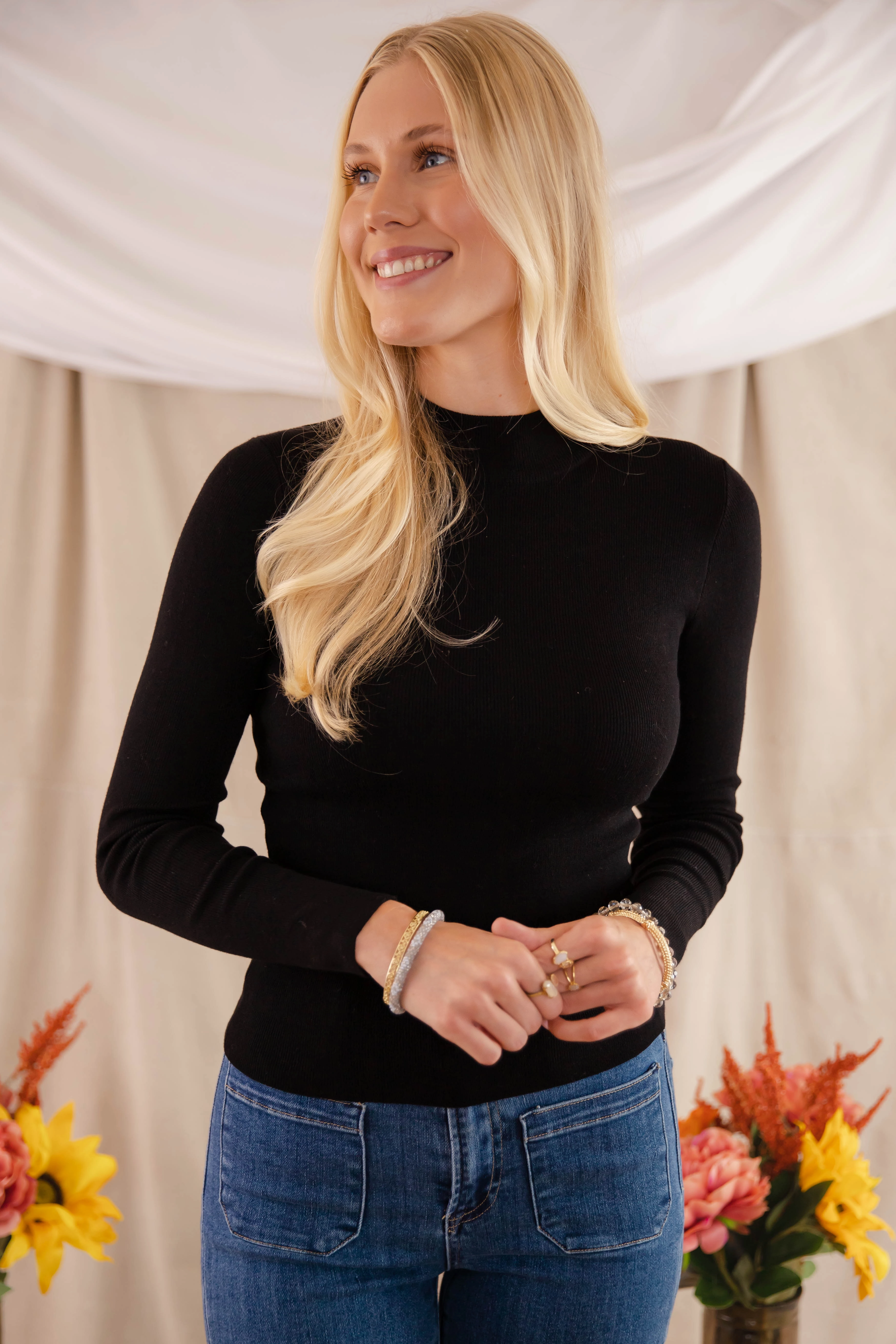 RollUpCuff Wrinkle Resistant Weave Underneath This Persona Ribbed Top-Black