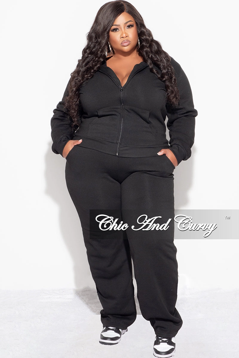 Rubberized Hem Final Sale Plus Size Long Sleeve Hooded Jogging Set in Black