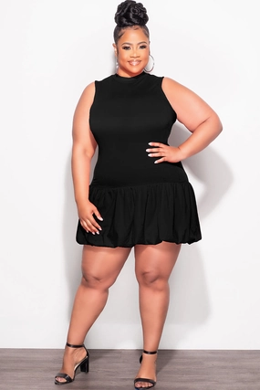 Unrestricted Movement Final Sale Plus Size Cotton Sleeveless Bubble Mini Dress in Black
