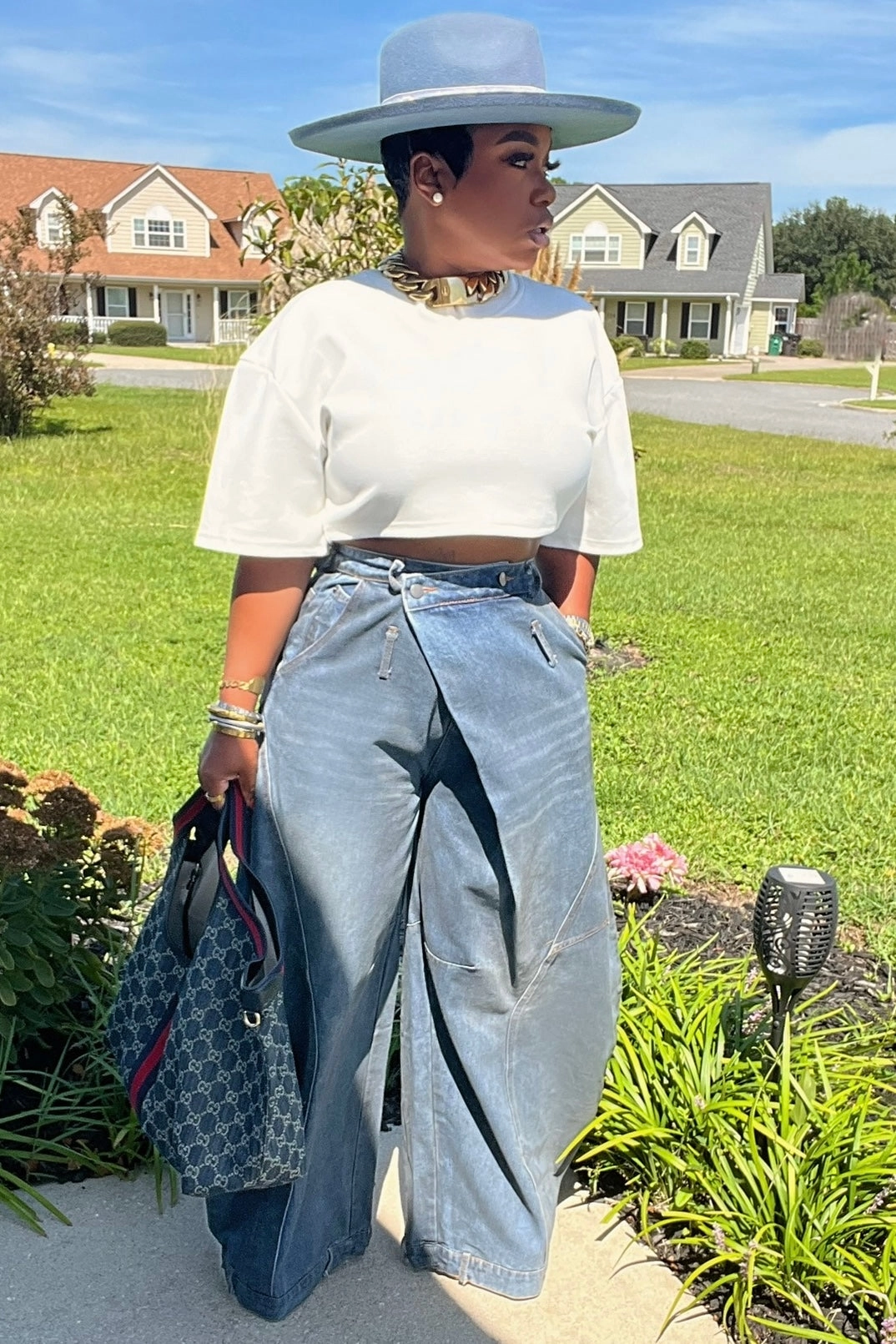 Relaxed Cut Lowanda Oversized Flap Over Statement Wide-Leg Denim Pants