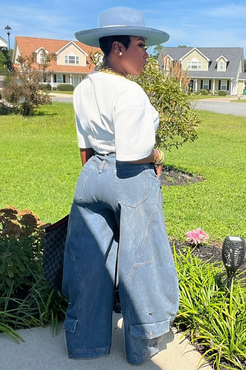 Adjustable Fit Lowanda Oversized Flap Over Statement Wide-Leg Denim Pants