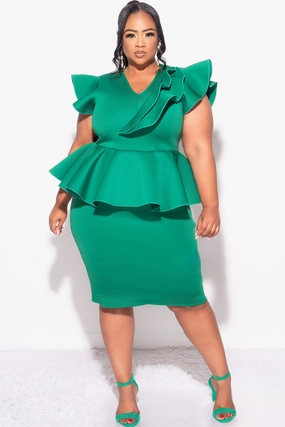 Final Plus Size Ruffle Peplum BodyCon Dress in Green Scuba WindproofBarrierTechnology