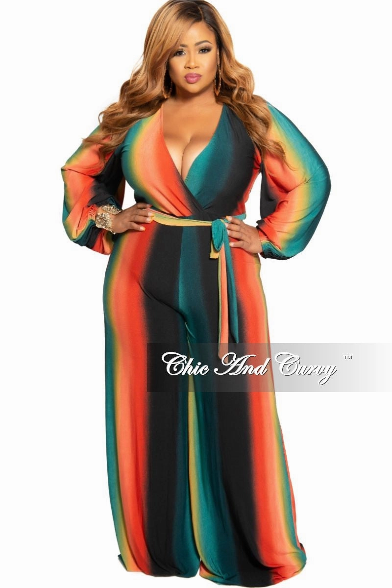 Final Sale Plus Size Faux Wrap Jumpsuit with Attached Tie in Orange Mustard and Teal Ombr?? Flexible Material