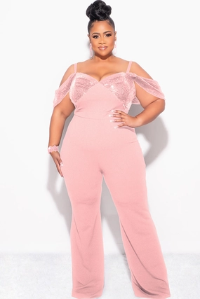Final Sale Plus Size Off The Shoulder Faux Wrap Sequin Jumpsuit Mauve Pink AntiStatic Material