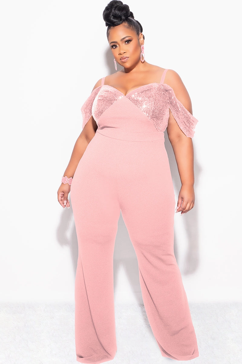HypoallergenicFibers Final Sale Plus Size Off The Shoulder Faux Wrap Sequin Jumpsuit Mauve Pink