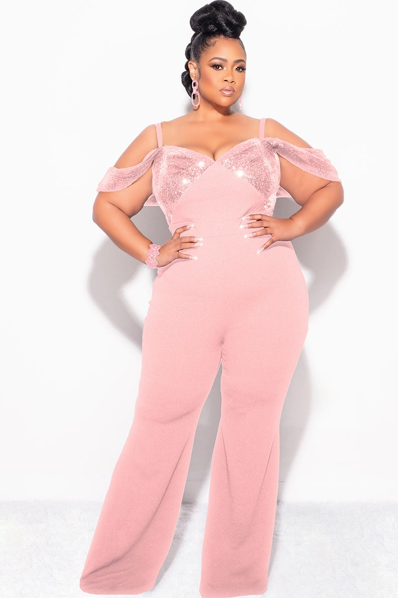 Contrast Stitch Final Sale Plus Size Off The Shoulder Faux Wrap Sequin Jumpsuit Mauve Pink