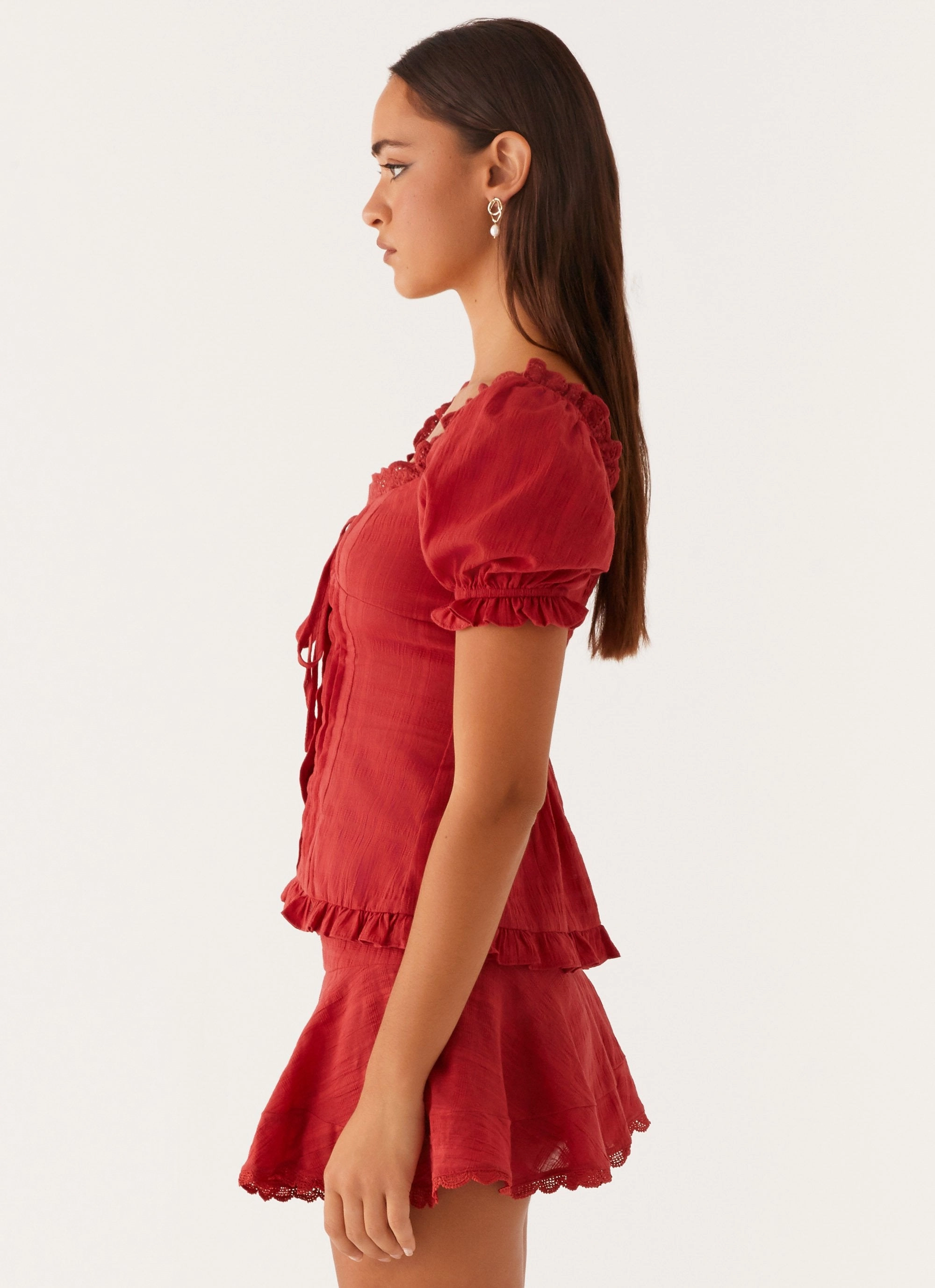 Gym Wear Stretch Blouse Hundred Percent Puff Sleeve Top - Red