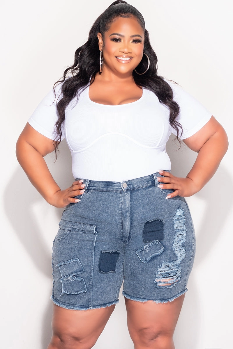 Final Sale Plus Size Ribbed Seamless Short Sleeve Top with Boning in White Vintage Wash
