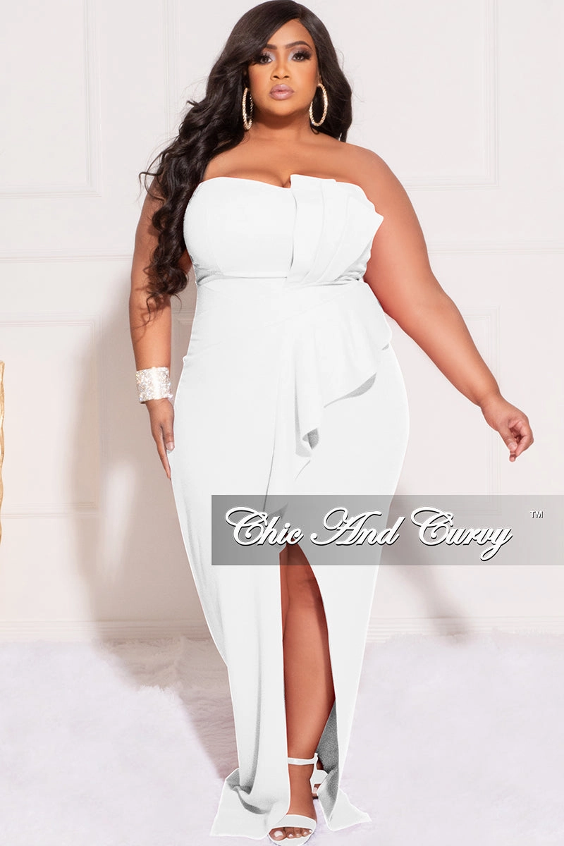 Final Sale Plus Size Strapless Pleated Ruffle Gown with Front Slit in Ivory Sustainable Production Certified NonIrritating Stitching