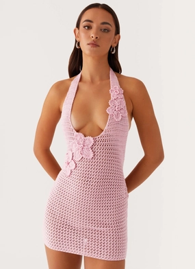 Luciana Crochet Halterneck Mini Dress - Pink Calm Tone