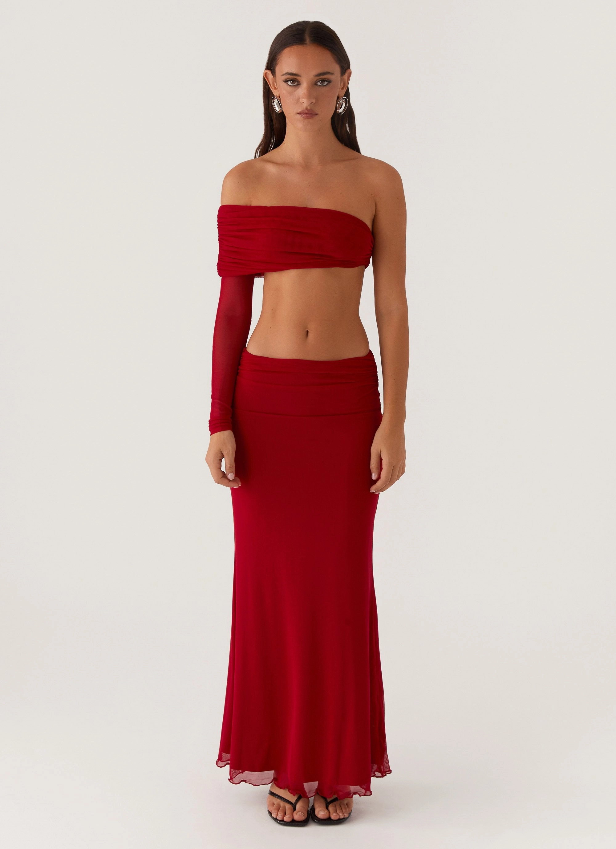 Luella One Shoulder Top - Red HighDensity Weave Microfiber texture