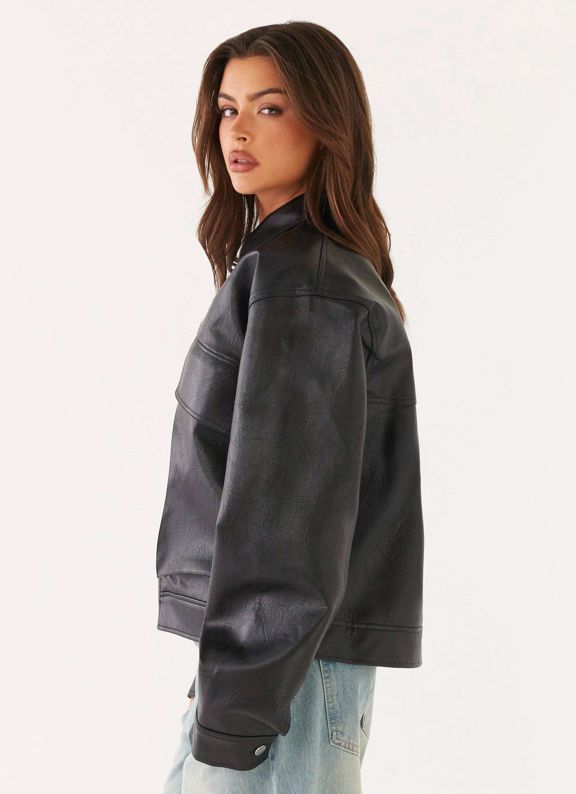 Lula Faux Leather Bomber Jacket - Black MultiPocketStyle Stylish Outer Layer
