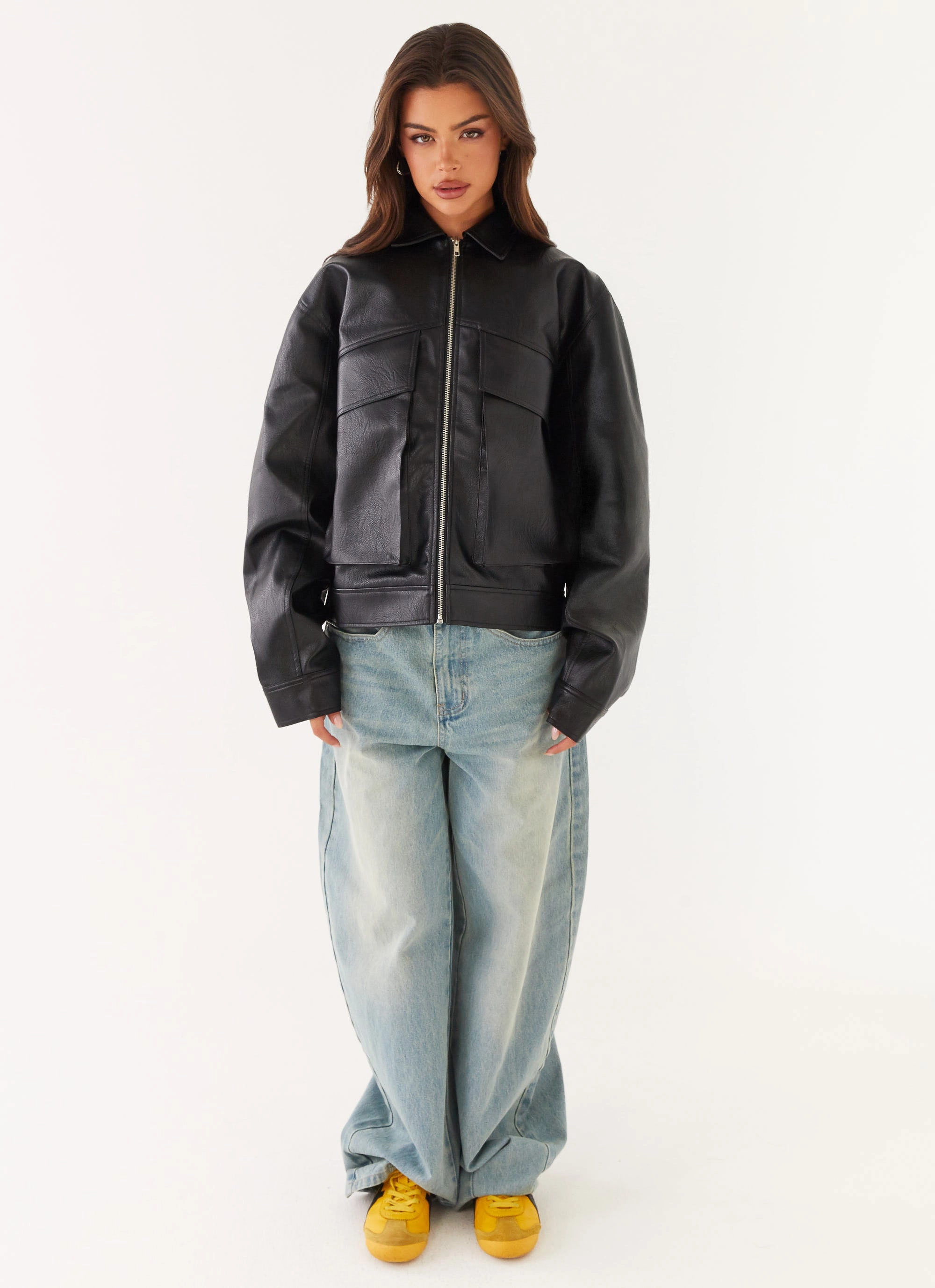 Lula Faux Leather Bomber Jacket - Black Windbreaker Inspired Fit Reinforced Seam Durability