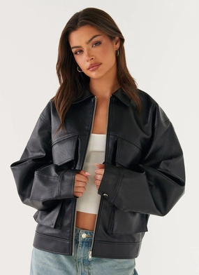Lula Faux Leather Bomber Jacket - Black Water Repellent Finish Functional Pocket