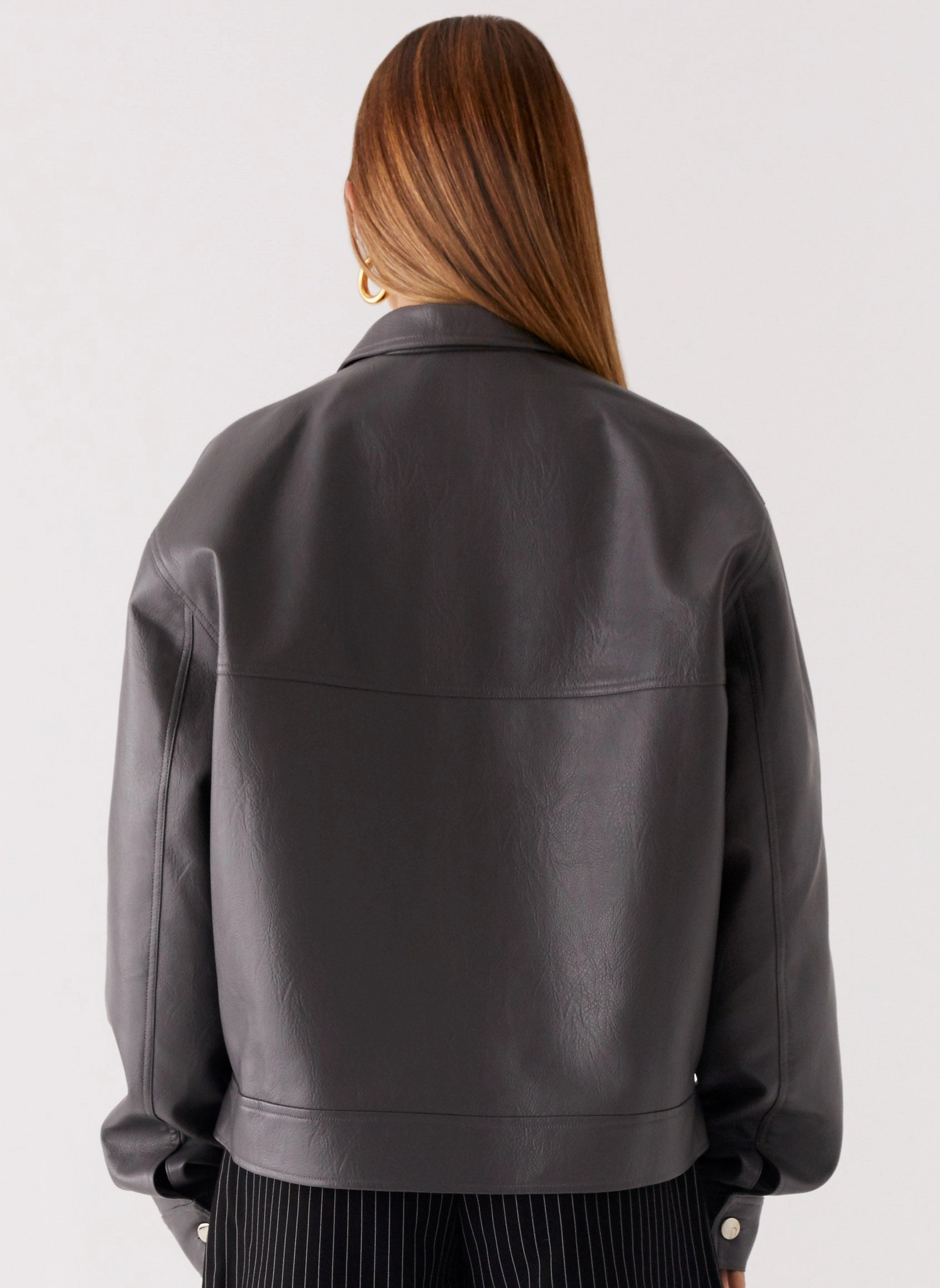 Lula Faux Leather Bomber Jacket - Charcoal Nylon Shell Construction