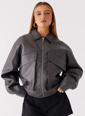 Transitional City Fit Lula Faux Leather Bomber Jacket - Charcoal