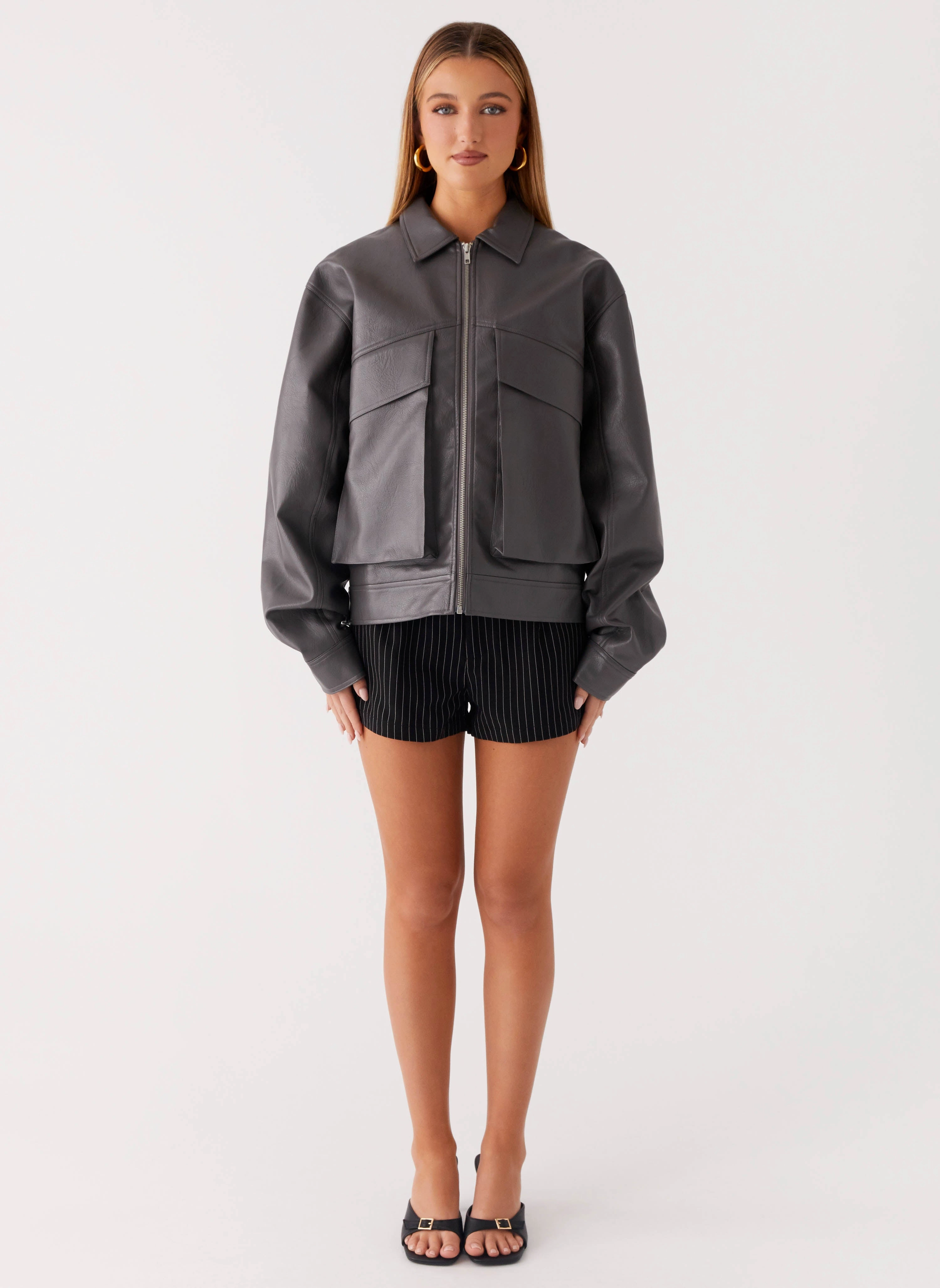 Quick Pull Zipper Mild Weather Lula Faux Leather Bomber Jacket - Charcoal